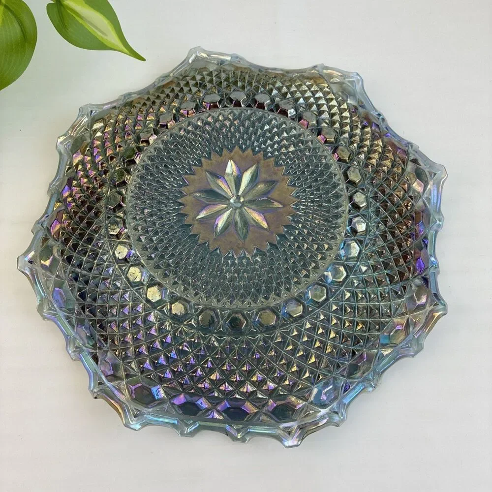 Vintage Indiana Carnival Glass Hostess Plate Iridescent Blue Smoke Ruffled 10”